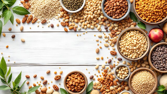 An assortment of various grains and seeds are displayed in bowls on a table.