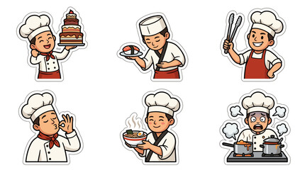 Fototapeta premium Dynamic cartoon chef characters performing diverse culinary tasks baking, sushi crafting, ramen serving, food tasting, and expressing kitchen emotions
