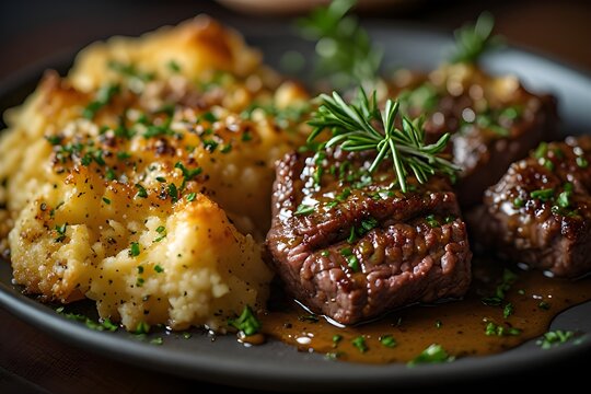 steak bites served with stuffing