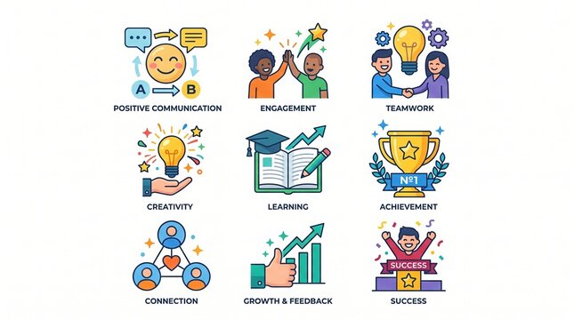 Infographic with various colorful icons representing business concepts on white background