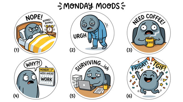 Illustrations show the work week's emotional journey Monday struggles, coffee needs, daily grind, and Friday joy. A relatable comic series