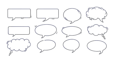 Fototapeta premium Collection of various hand-drawn speech and thought bubbles in different shapes for comic books and graphic design projects.