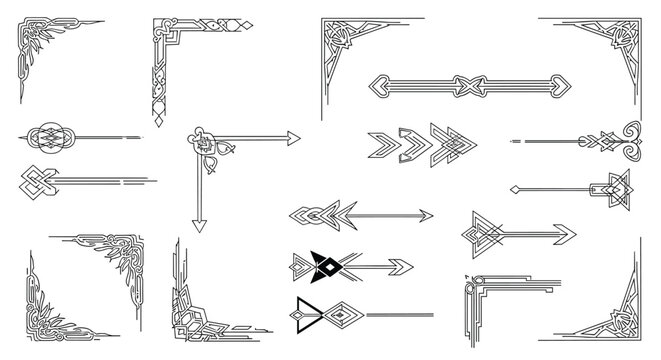 Elegant collection of vintage decorative corners, borders, and fancy arrow designs in a classic black and white line style.
