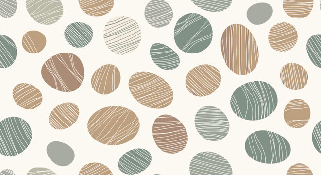 Artistic pattern of smooth oval stones in earthy tones decorated with various line drawings and textures for backgrounds.