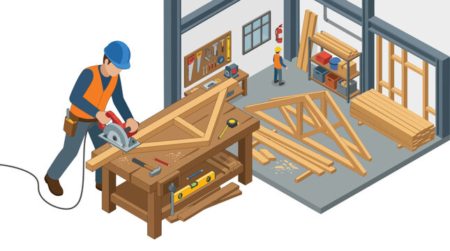Carpenter cutting wood truss with circular saw in workshop