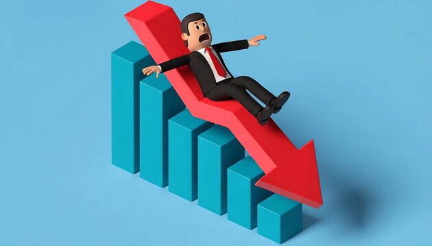 Cartoon businessman sliding down red arrow on graph
