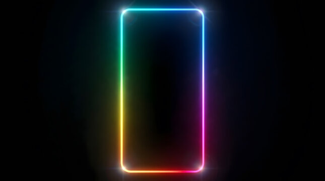 Neon rainbow rectangle frame with glowing light effects on dark minimalist backdrop space.