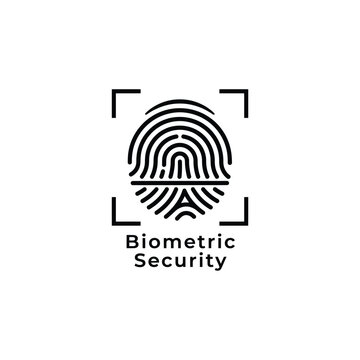 Fingerprint icon within a camera shutter frame a black and white biometric security symbol access control authentication biometrics circular