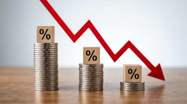 Stacks of coins with declining interest rates graph