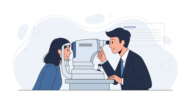 Ophthalmologist examining patient's eye with autorefractor for vision check, vector illustration