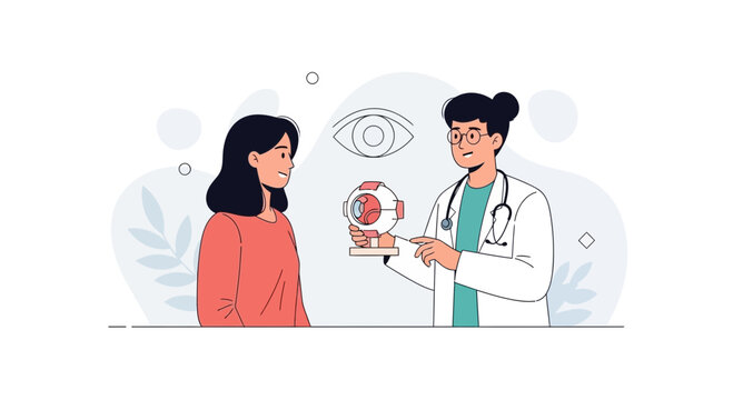 Ophthalmologist Explains Eye Anatomy Model to Patient, Vision Care Concept, Modern Flat Illustration Style