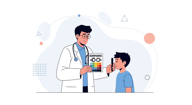 Ophthalmologist Performing Ishihara Test on a Child for Color Blindness Detection - Vector Illustration