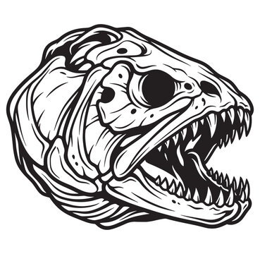 Detailed illustration of a fish skeleton head with sharp teeth and empty eye sockets