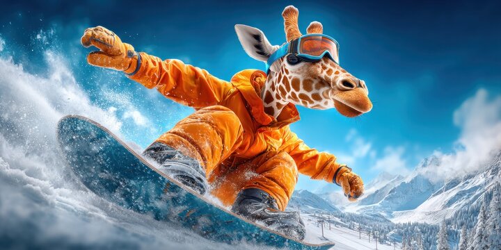 Whimsical giraffe in ski gear snowboarding down a snowy mountain slope