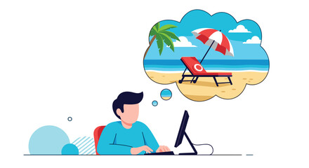 Obraz premium Office worker at a desk dreams of a tropical beach holiday while working on his computer, depicted in a flat design style.