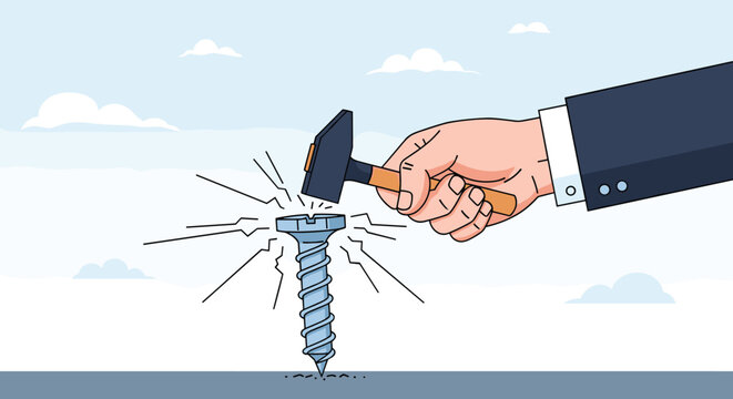 Professional hand using a hammer to drive a screw into a surface as a metaphor for using the wrong tool for a job.