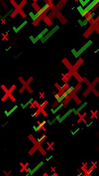 Green checkmarks and red crosses fall together and settle on a black vertical background, contrasting right and wrong