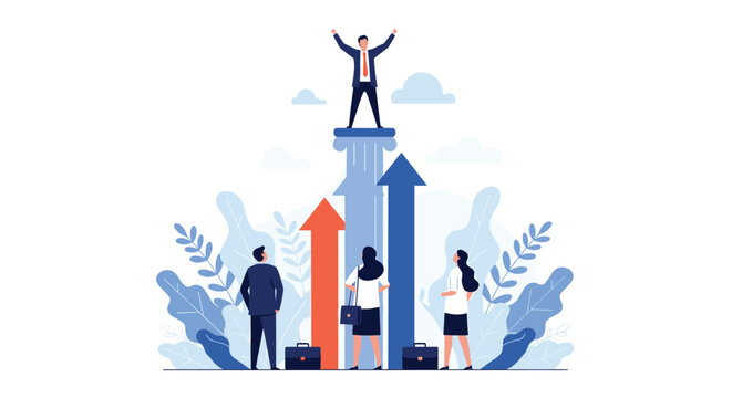 Successful businessman celebrating with raised arms on top of a tall pillar while colleagues look up from way below.