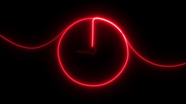 Neon timepiece clock icon sign continuous one line drawing on white background minimalist single art routine and time alert symbol 4k animation video