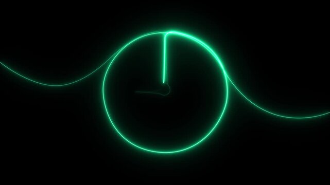 Neon timepiece clock icon sign continuous one line drawing on white background minimalist single art routine and time alert symbol 4k animation video