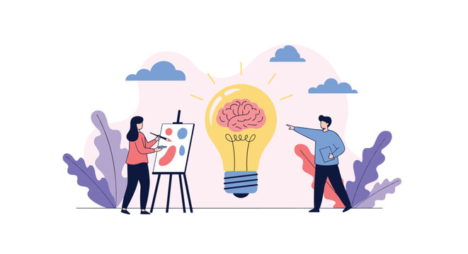 Creativity concept illustration shows a man and woman working near a giant lightbulb with a brain inside to generate new ideas.