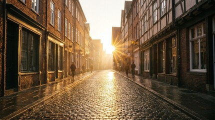 Fototapeta premium Wet cobblestone street lined with historic brick buildings at sunset with sunbeams