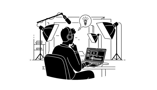 Content creator editing on laptop with studio lighting