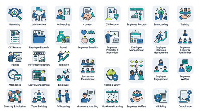 A comprehensive set of flat design icons depicting various human resources functions, employee lifecycle stages, and business management processes.