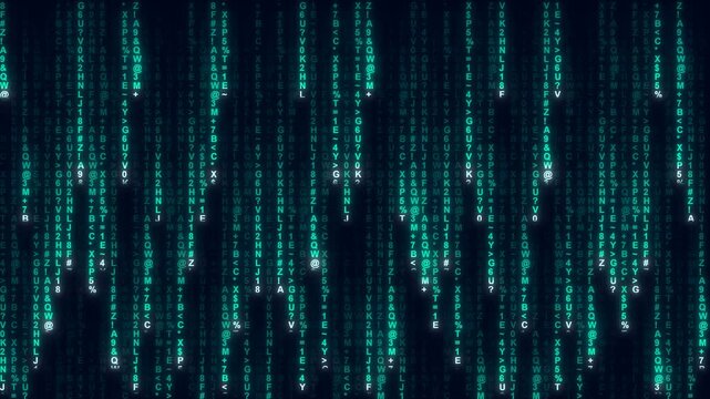 Deep ocean data code digital rain falling in cyan cyber tech background