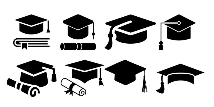 Collection of black academic graduation cap icons and diploma scroll vectors representing education success.