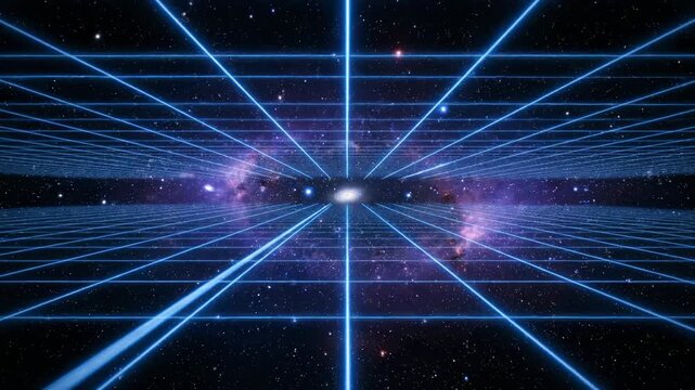 Futuristic image of a grid extending towards a galaxy, glowing in the space