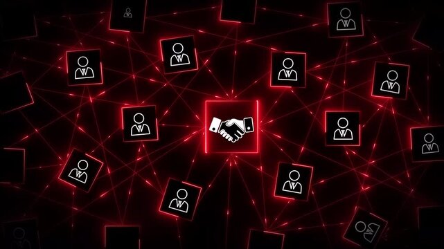 Sales Partnership Network Concept with Handshake Icon Linked to User Profiles in Red Digital Connection Background