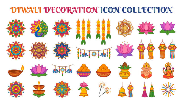 Diwali festival decorations icons featuring lamps, fireworks, flowers, and traditional Indian symbols.