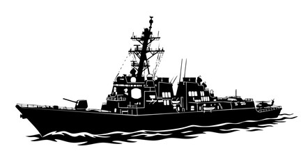 Detailed black and white vector illustration of a powerful naval destroyer warship sailing across rough ocean waves at high speed © Ibnu Gazali