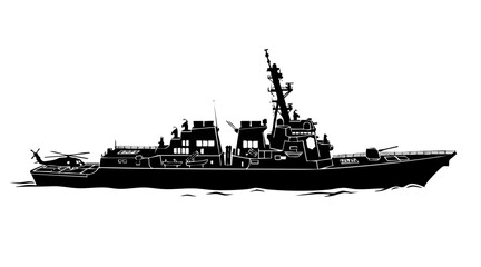 Detailed vector illustration of a powerful naval military warship featuring a helicopter landing pad in a clean flat black style © Ibnu Gazali
