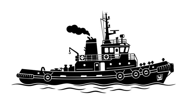 Black and white vector illustration of a powerful harbor tugboat sailing on waves with smoke rising from the chimney stack
