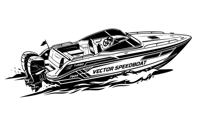 Detailed black and white vector illustration of a modern powerful speedboat racing quickly across the water surface with sharp lines
