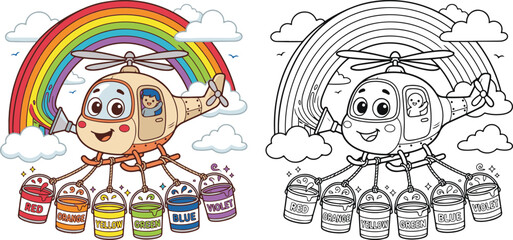 Naklejka premium helicopter collecting rainbow flying in sky cloud cartoon clipart and lineart print vector illustration for color coloring book