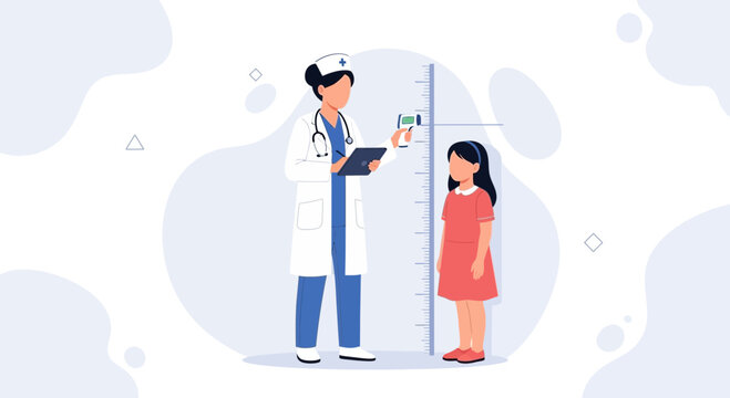 Pediatrician measuring child's height with stadiometer during medical examination, flat design illustration.