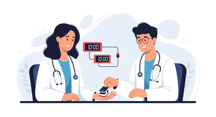 Fototapeta premium Two Doctors Monitoring Vital Signs with Pulse Oximeter and Digital Displays in Modern Medical Illustration