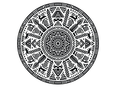 Aztec Tribal Mandala Vector with Geometric Folk Art Symbols