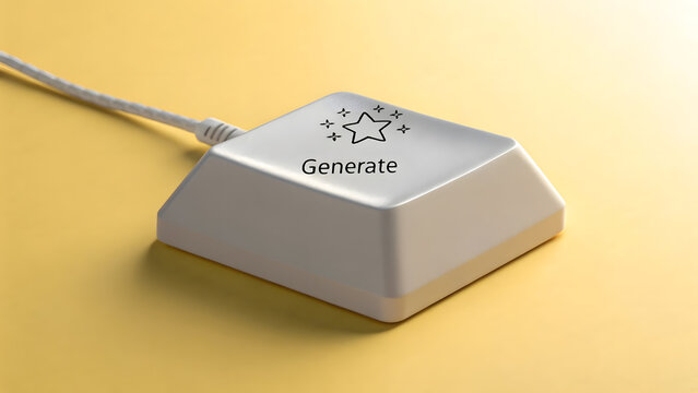 Single white computer keycap labeled generate with star symbol and cable on yellow surface.