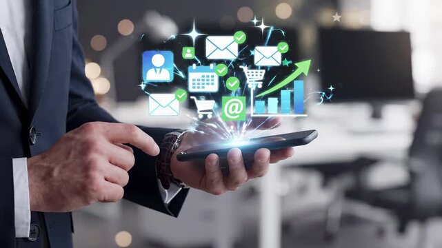 Businessman uses a smartphone with digital marketing and communication interface. Email, online shopping, social media, calendar and growth analytics float above the device in a modern office