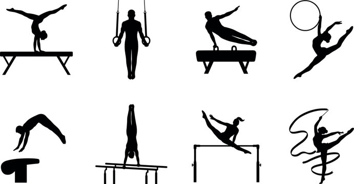 Black Silhouette Collection of Artistic and Rhythmic Gymnastics Poses with Apparatus Exercises