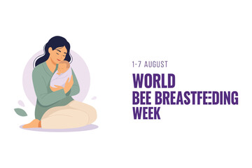 Obraz premium World breastfeeding week banner, woman sitting on floor holding baby.