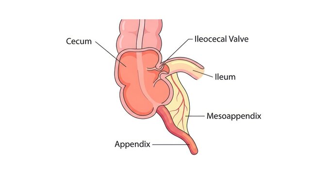 Detailed anatomical illustration of human appendix and cecum with labeled parts in medical style