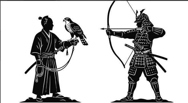 Samurai and monk with falcon illustration