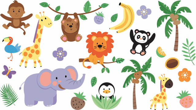 Cartoon safari animals and tropical plants a colorful vector illustration on a white background animal banana berries