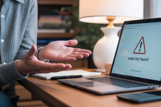 Frustrated person looking at a laptop computer displaying page not found error
