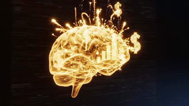 Glowing brain with dollar signs and a rising growth chart symbolizing financial intelligence. Mind generates wealth, profit, and investment ideas through smart economic strategy, banking, and creative